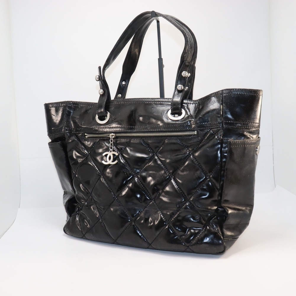 CHANEL Black Quilted Patent Leather Tote with CC Charm